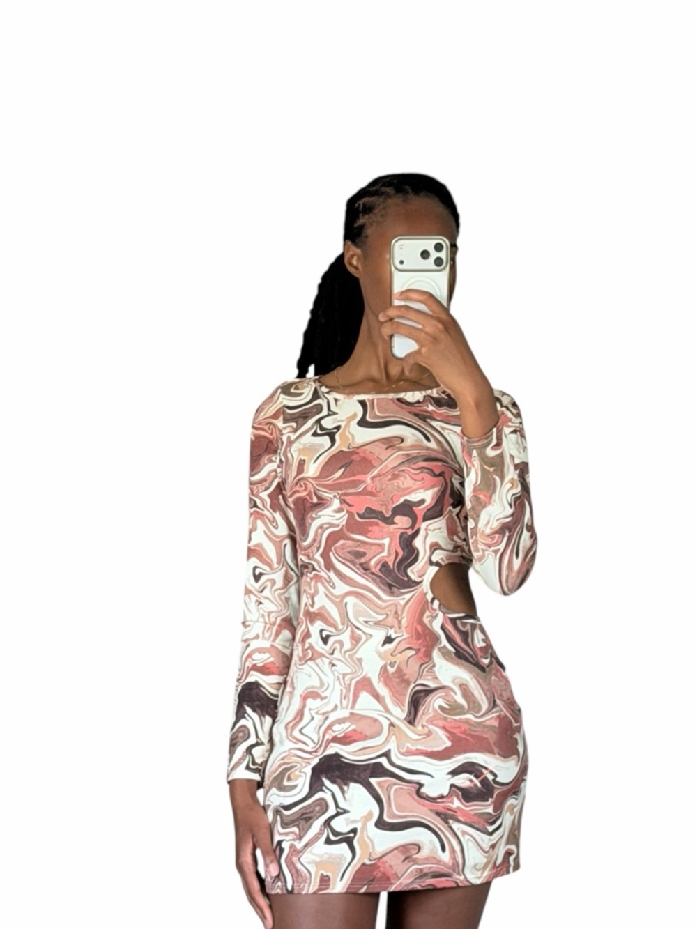 envy Marble-Print Long Sleeve Cutout Mini Dress - Pink Brown Cream